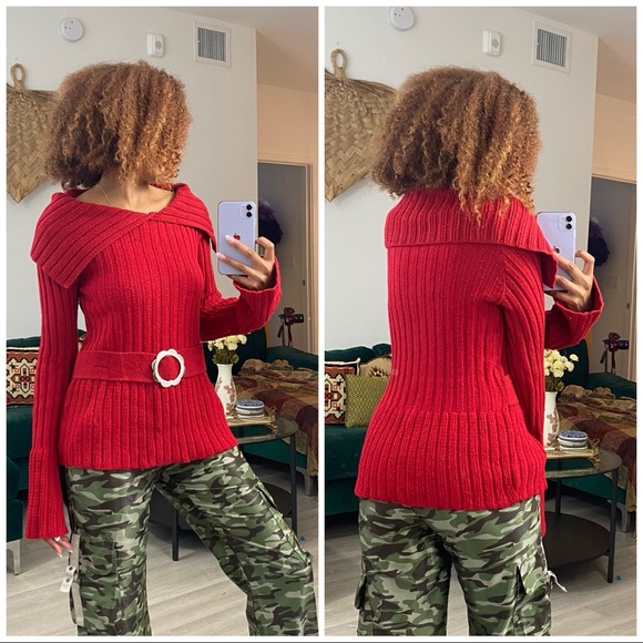 Y2K 90’s Red Sweater Silver Flower S/M - Picture 6 of 6